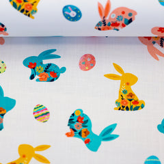 Baumwoll Webware Happy Easter Weiß/Türkis