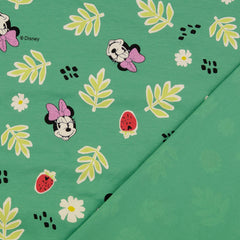 Reststück: 0,90m Lizenz Baumwolljersey Digital Minnie Mouse grün mit Glitzerschleife