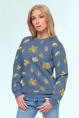 Sweatshirtstoff Goldene Blätter by Glitzerpüppi - stahlblau