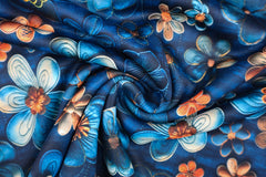 Reststück: 0,80m Alpenfleece DIGTITAL DRUCK Jeans Blüten blau