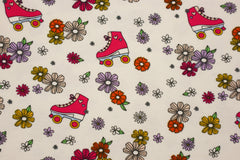 Reststück. 1,50m Baumwolljersey Flowerpower Rollschuhe naturgrundig