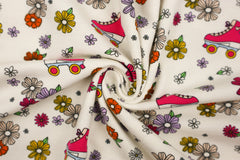 Reststück. 1,50m Baumwolljersey Flowerpower Rollschuhe naturgrundig