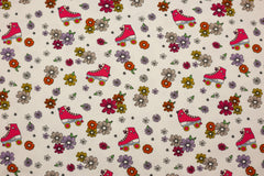 Reststück. 1,50m Baumwolljersey Flowerpower Rollschuhe naturgrundig