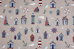 Dekostoff Küstenliebe - mit Leuchttürmen- Möwen -Ankern - Segelbooten