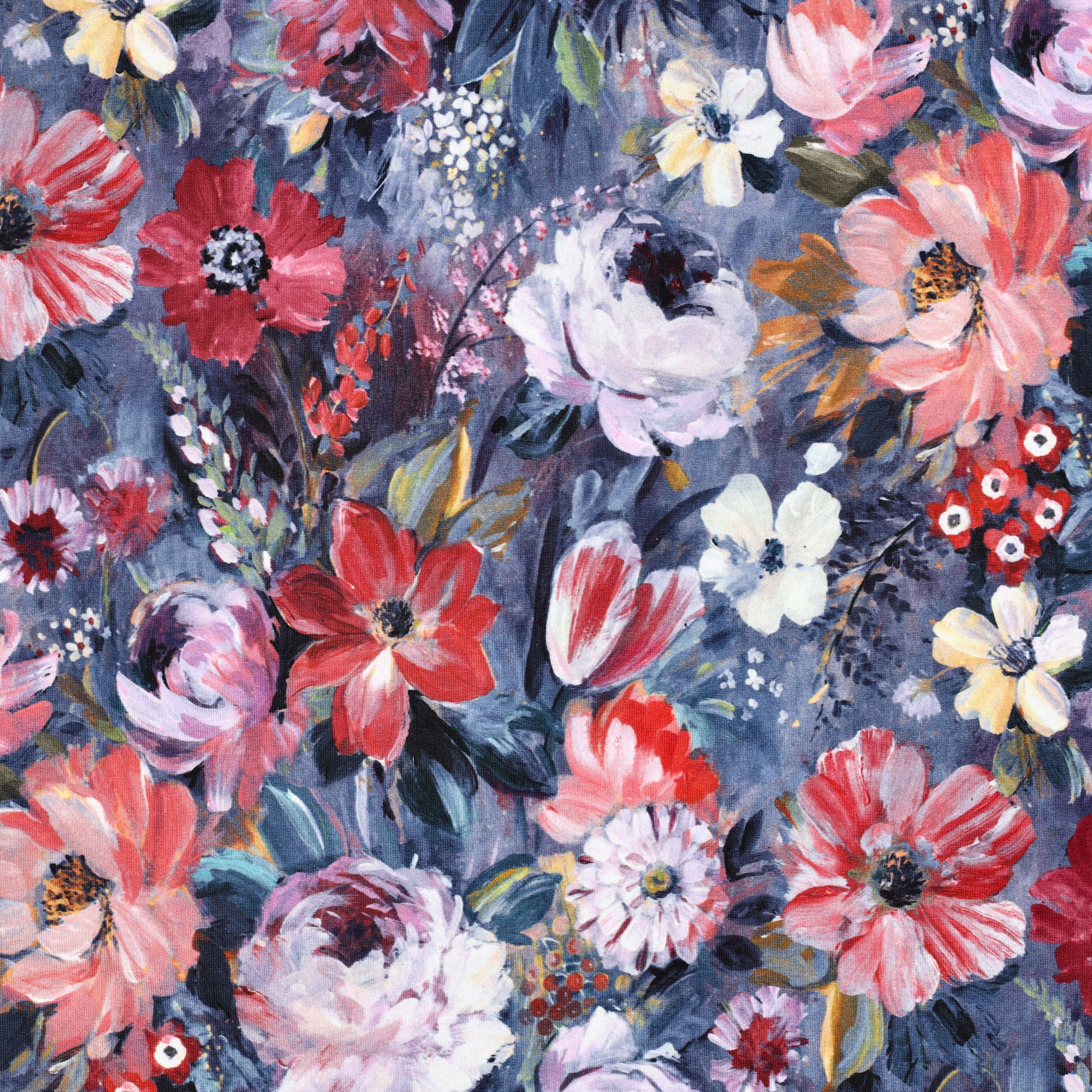 Digitalgedruckter French Terry mit ölgemalten Blumen in 2 Varianten vom Buntspecht Shop