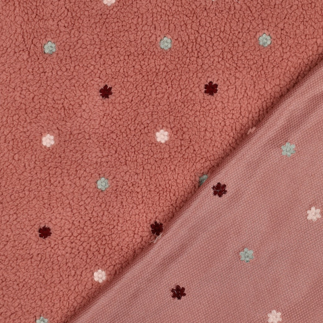 Teddy Plüsch Jacquard mit kleinen gestickten Blüten in verschiedenen Farben und 2 Varianten vom Buntspecht Shop