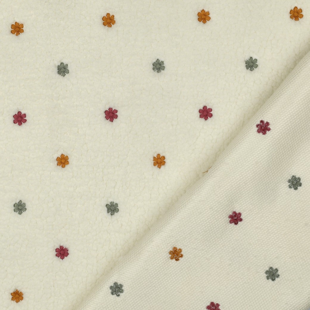 Teddy Plüsch Jacquard mit kleinen gestickten Blüten in verschiedenen Farben und 2 Varianten vom Buntspecht Shop