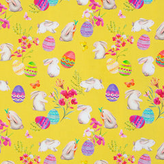 Reststück: 1,00m -Baumwolle Happy Easter Eier & Häschen gelb