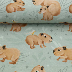 Reststück: 1,00m - Baumwolljersey Capybara Friends mint
