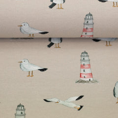 Baumwolljersey Beach Leuchtturm & Möwe by Christiane Zielinski