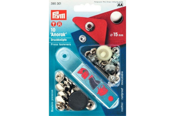10 Druckknöpfe Anorak PRYM silberfarbig, 15 mm 390301