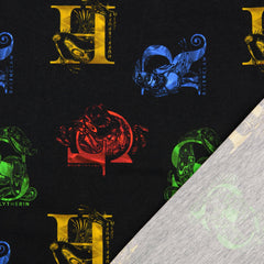 Reststück: 1,00m Baumwolljersey Lizenz -Star Wars Wappen von Hogwarts schwarz bunt
