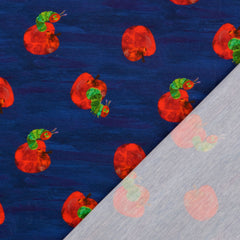 Reststück: 1,00m Baumwolljersey Lizenz by Eric Carle- die kleine Raupe Nimmersatt - Da ist der Wurm drin - dunkelblau