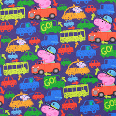 Reststück: 1,00m Baumwolljersey Lizenz - Peppa Wutz - dunkelblau bunte Fahrzeuge -