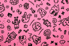 Reststück: 1,00m - Sweatshirt Stoff crazy Cartoons neonpink