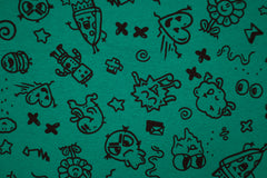 Reststück: 1,00m - Sweatshirt Stoff crazy Cartoons petrolgrün