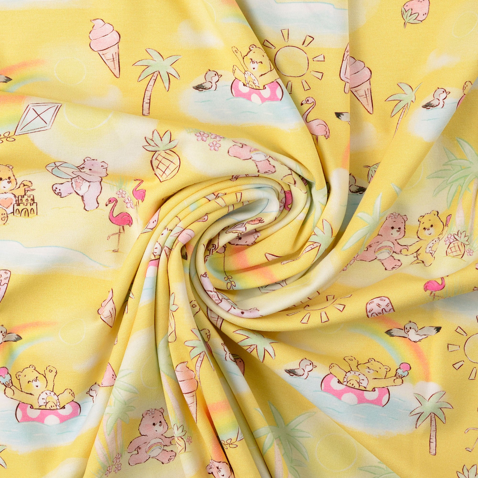 Lizenz Baumwolljersey im Design Glücksbärchis Badespaß in der Farbe Zitronen gelb bei Der Buntspecht