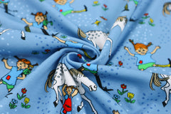 Reststück: 1,20m Baumwolljersey Lizenz Astrid Lindgren- Pippi Langstrumpf & Kleiner Onkel jeansblau