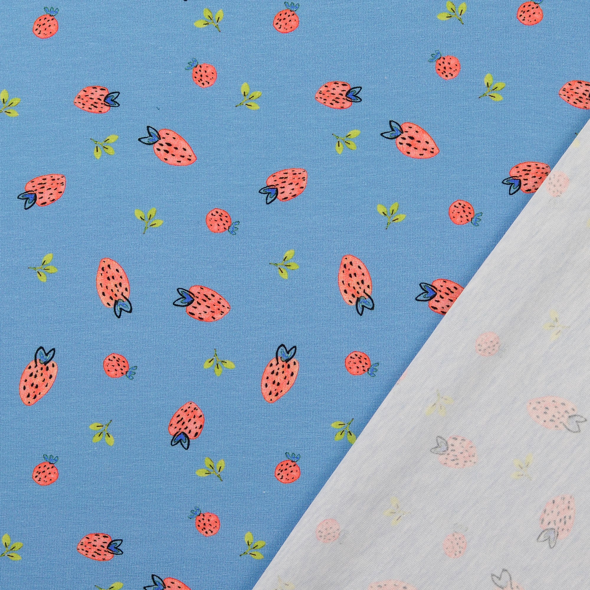 Baumwolljersey Strawberry in blau bei Der Buntspecht