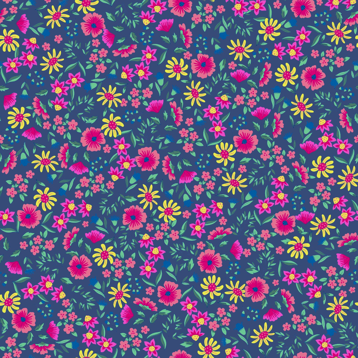 Feincord mit gelben, roten und pinken Blumen und grünen Blättern auf blauem Hintergrund vom Buntspecht Shop