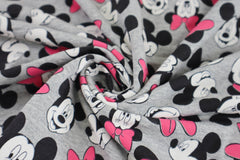 Reststück : 1,40m -  French Terry Lizenz  Minnie Mouse  - hellgrau meliert mit pinker Schleife -