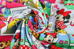 Reststück: 1,00m Lizenz Baumwolljersey Digital buntes All Over Muster Patchwork - Minnie & Daisy -