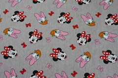 Reststück : 1,00m -  French Terry Lizenz  Minnie Mouse & Daisy hellgrau meliert mit Schleifen im Haar