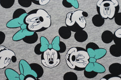 Reststück : 1,40m -  French Terry Lizenz  Minnie Mouse  - hellgrau meliert mit Minter Schleife-