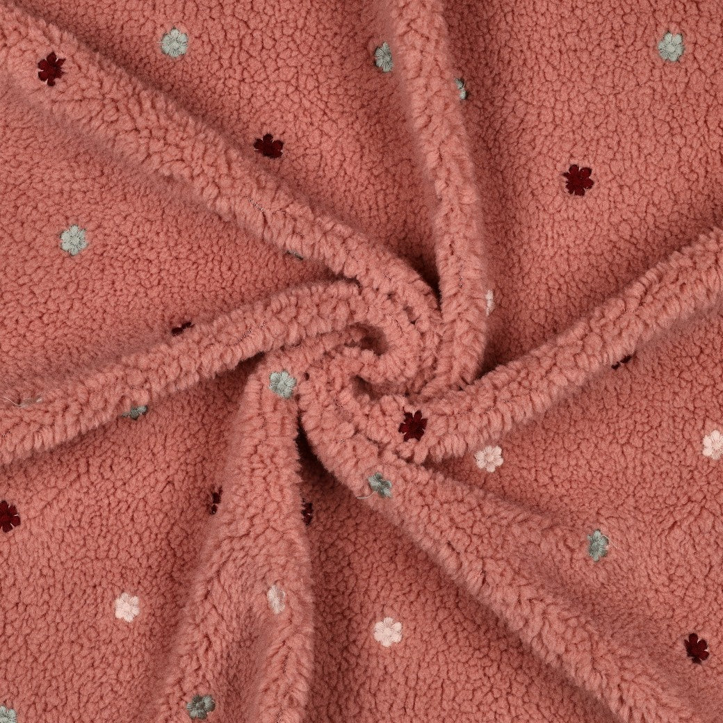 Teddy Plüsch Jacquard mit kleinen gestickten Blüten in verschiedenen Farben und 2 Varianten vom Buntspecht Shop