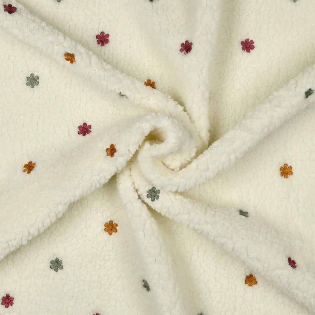 Teddy Plüsch Jacquard mit kleinen gestickten Blüten in verschiedenen Farben und 2 Varianten vom Buntspecht Shop